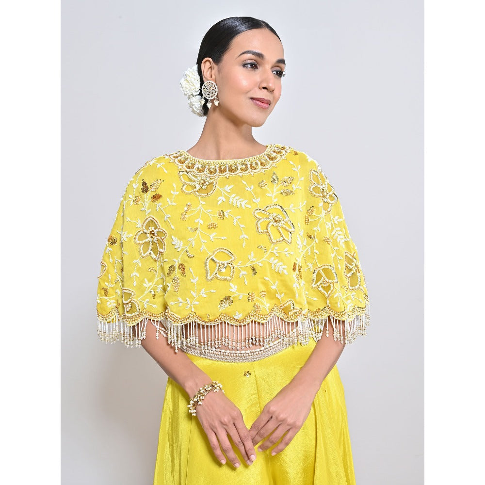 KEITH GOMES Yellow Embroidered Cape with Slip and Palazzo