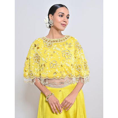 KEITH GOMES Yellow Embroidered Cape with Slip and Palazzo