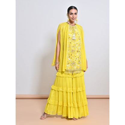 KEITH GOMES Yellow Embroidered Tunic with Sharara and Slip