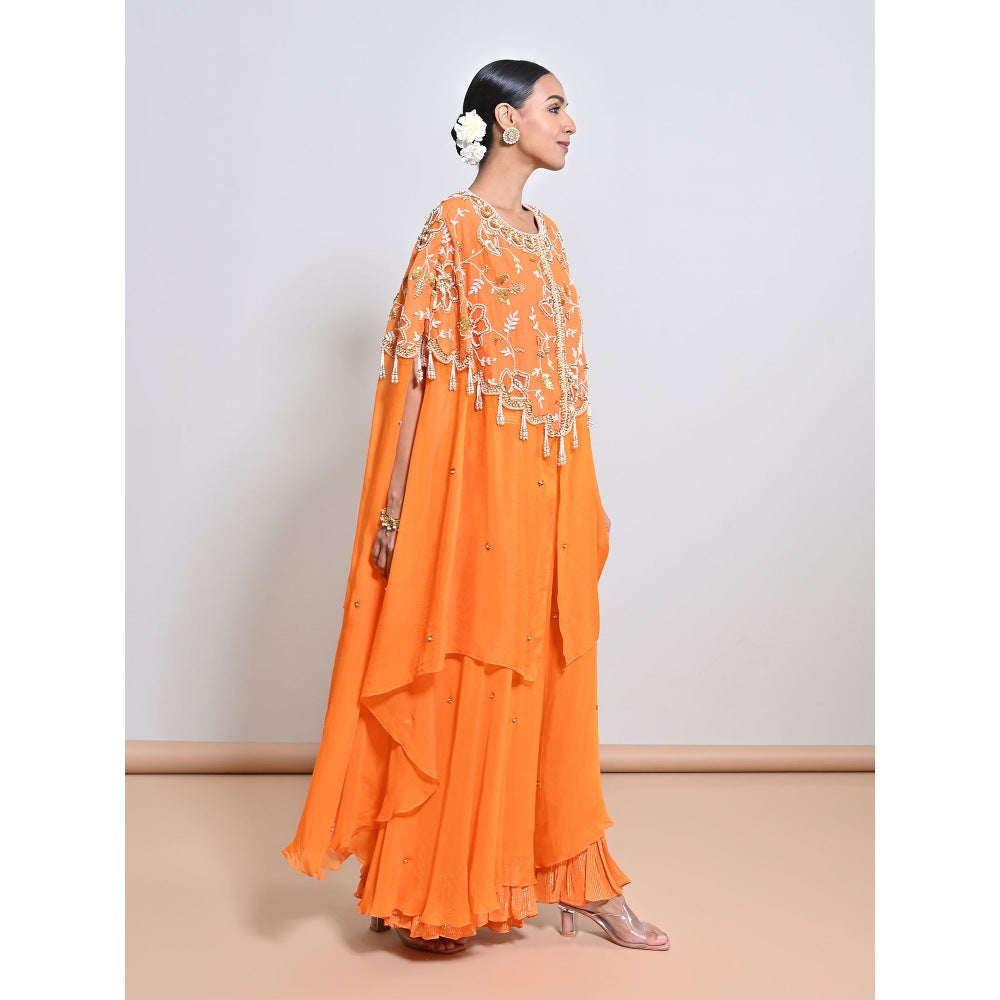 KEITH GOMES Orange Embroidered Cape with Palazzo and Slip