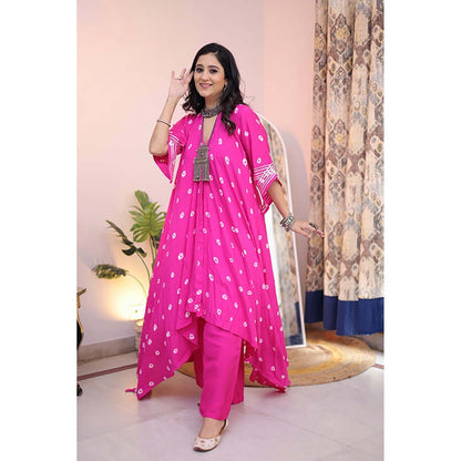 Keva Clothing Bandhani Asymmetrical Kurta with palazzo - Hot Pink