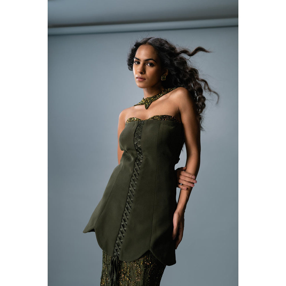 KHUMAAR SHUCHI BHUTANI The Olive Empress Top with Skirt and neckpiece