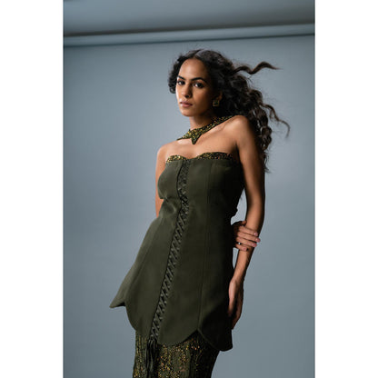 KHUMAAR SHUCHI BHUTANI The Olive Empress Top with Skirt and neckpiece