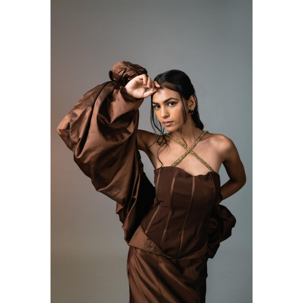 KHUMAAR SHUCHI BHUTANI The Rosette Drift Brown Gown with Stole