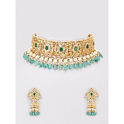 KIARA Blue Pearled Zohra Choker and Earrings 22KT Gold Plated