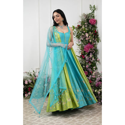 Kiran Kalsi Green and Blue Embroidered Anarkali Kurta and Dupatta (Set of 2)