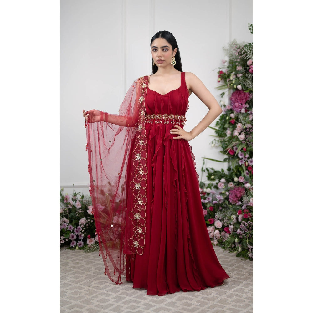 Kiran Kalsi Red Ruffle Sequined Anarkali Kurta and Cutwork Dupatta (Set of 2)