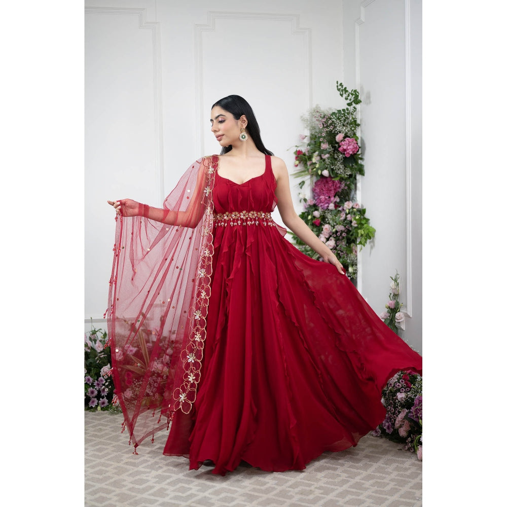 Kiran Kalsi Red Ruffle Sequined Anarkali Kurta and Cutwork Dupatta (Set of 2)