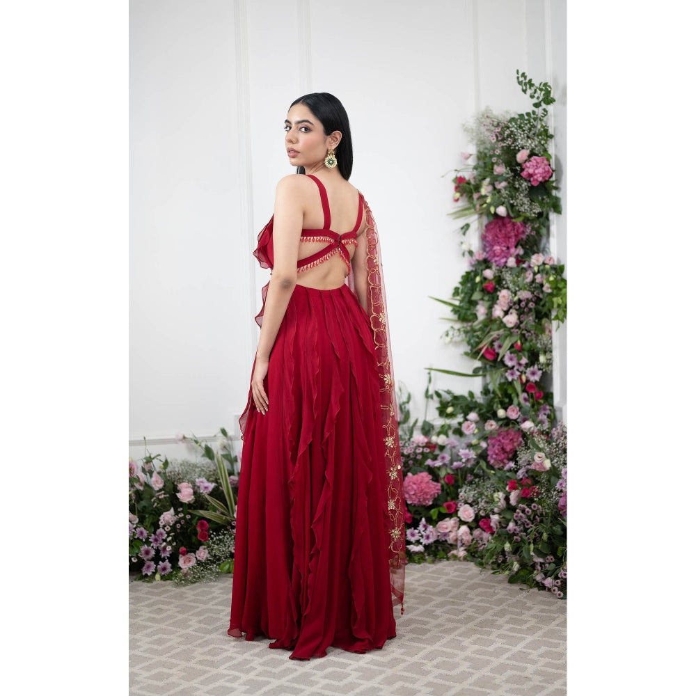 Kiran Kalsi Red Ruffle Sequined Anarkali Kurta and Cutwork Dupatta (Set of 2)
