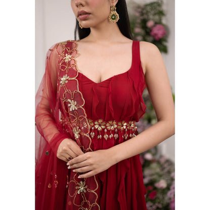 Kiran Kalsi Red Ruffle Sequined Anarkali Kurta and Cutwork Dupatta (Set of 2)