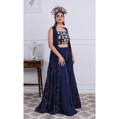 Kiran Kalsi Astral Navy Blue Sequined Crop Top with Sharara and Cape (Set of 3)