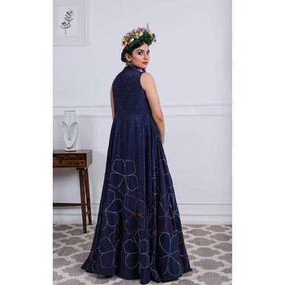 Kiran Kalsi Astral Navy Blue Sequined Crop Top with Sharara and Cape (Set of 3)
