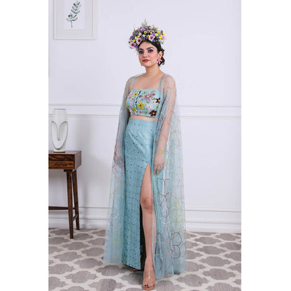 Kiran Kalsi Aqua Blue Sequined Crop Top with Skirt and Cape (Set of 3)