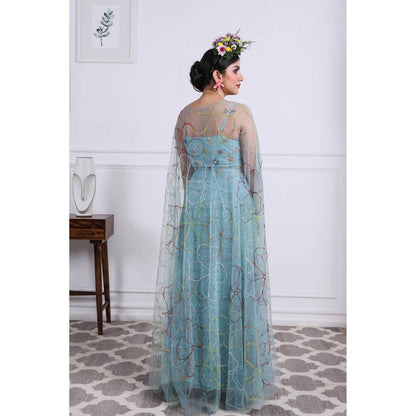 Kiran Kalsi Aqua Blue Sequined Crop Top with Skirt and Cape (Set of 3)