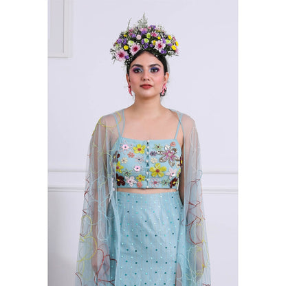 Kiran Kalsi Aqua Blue Sequined Crop Top with Skirt and Cape (Set of 3)
