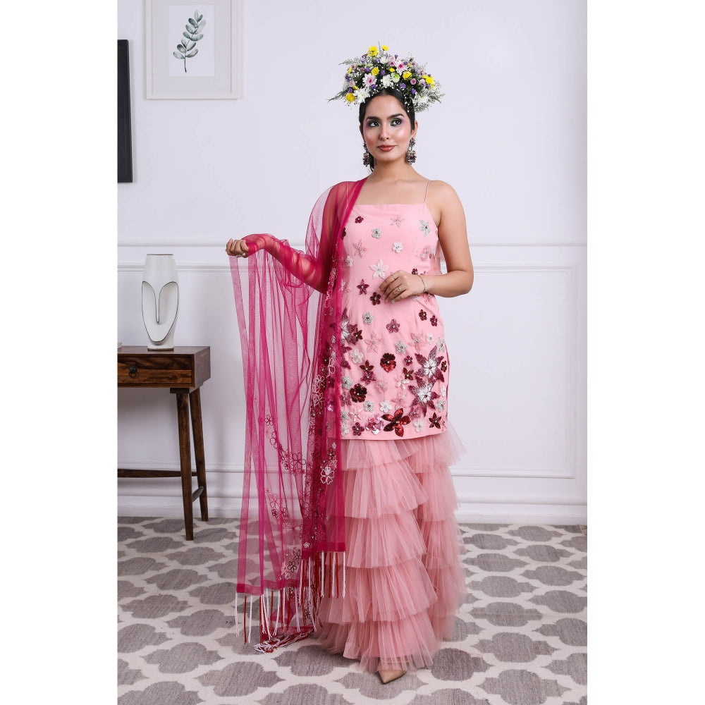 Kiran Kalsi Candy Pink Embellished Kurti with Sharara and Dupatta (Set of 3)