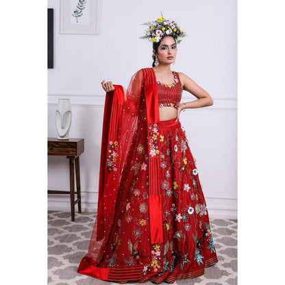 Kiran Kalsi Red Embellished Lehenga with Blouse and Dupatta (Set of 3)
