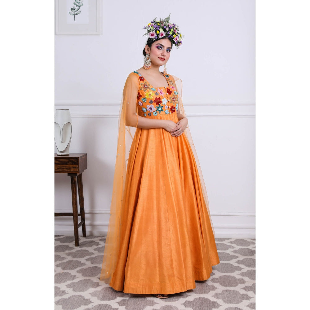 Kiran Kalsi Orange Sequined Maxi Dress (Set of 2)