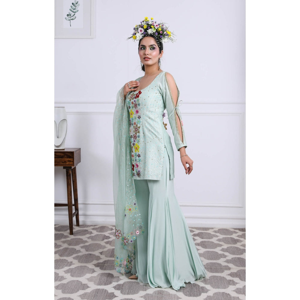 Kiran Kalsi Pastel Green Kurti with Sharara and Dupatta (Set of 3)