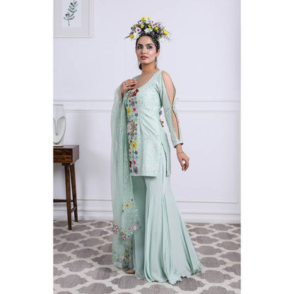 Kiran Kalsi Pastel Green Kurti with Sharara and Dupatta (Set of 3)