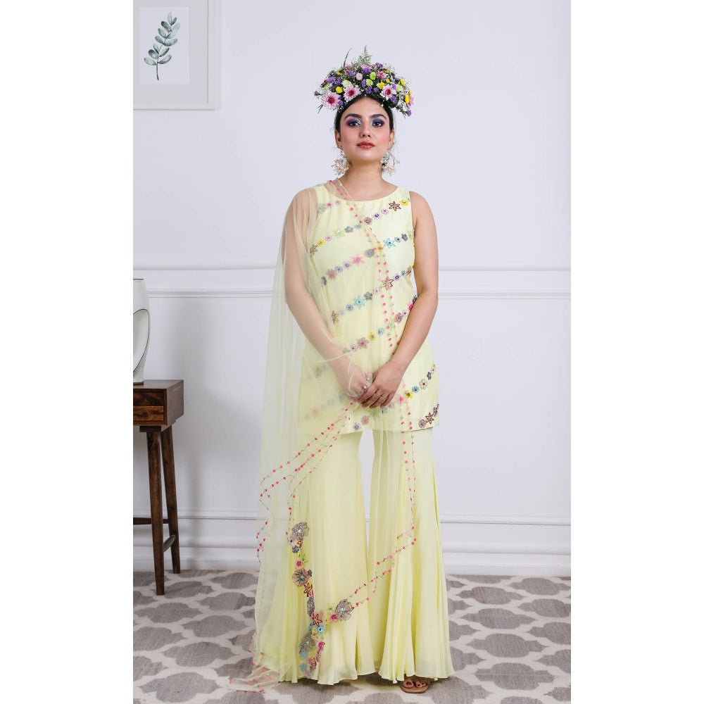 Kiran Kalsi Light Yellow Sequined Kurti with Sharara and Dupatta (Set of 3)