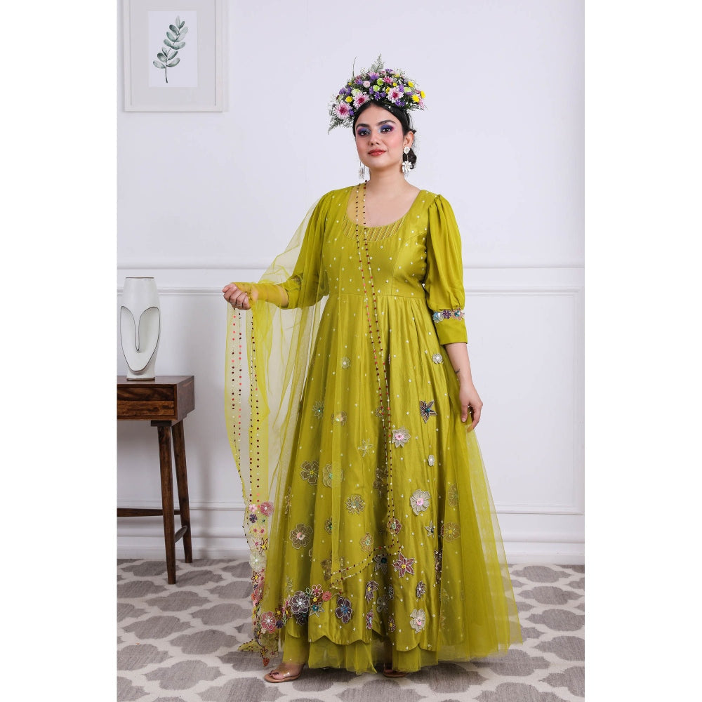 Kiran Kalsi Olive Embroidered Anarkali Kurta and Dupatta (Set of 2)