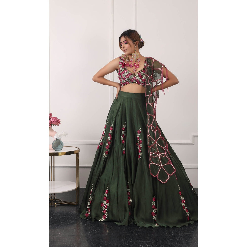 Kiran Kalsi Dark Green Embroidered Lehenga with Blouse and Dupatta (Set of 3)
