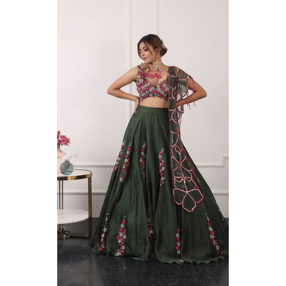 Kiran Kalsi Dark Green Embroidered Lehenga with Blouse and Dupatta (Set of 3)