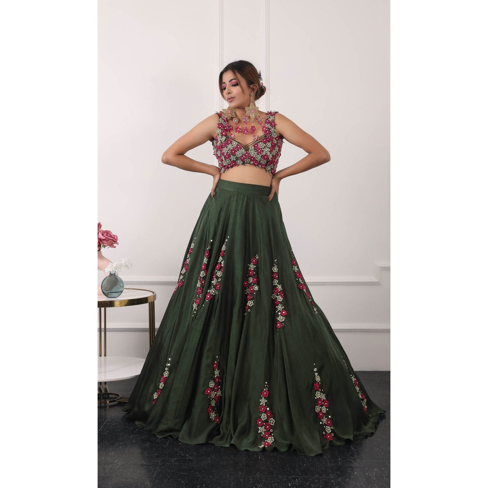 Kiran Kalsi Dark Green Embroidered Lehenga with Blouse and Dupatta (Set of 3)