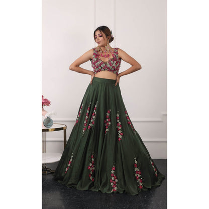Kiran Kalsi Dark Green Embroidered Lehenga with Blouse and Dupatta (Set of 3)
