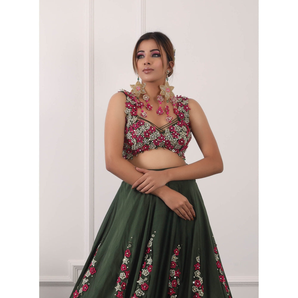 Kiran Kalsi Dark Green Embroidered Lehenga with Blouse and Dupatta (Set of 3)