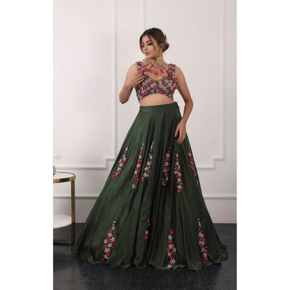 Kiran Kalsi Dark Green Embroidered Lehenga with Blouse and Dupatta (Set of 3)