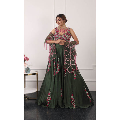 Kiran Kalsi Dark Green Embroidered Lehenga with Blouse and Dupatta (Set of 3)