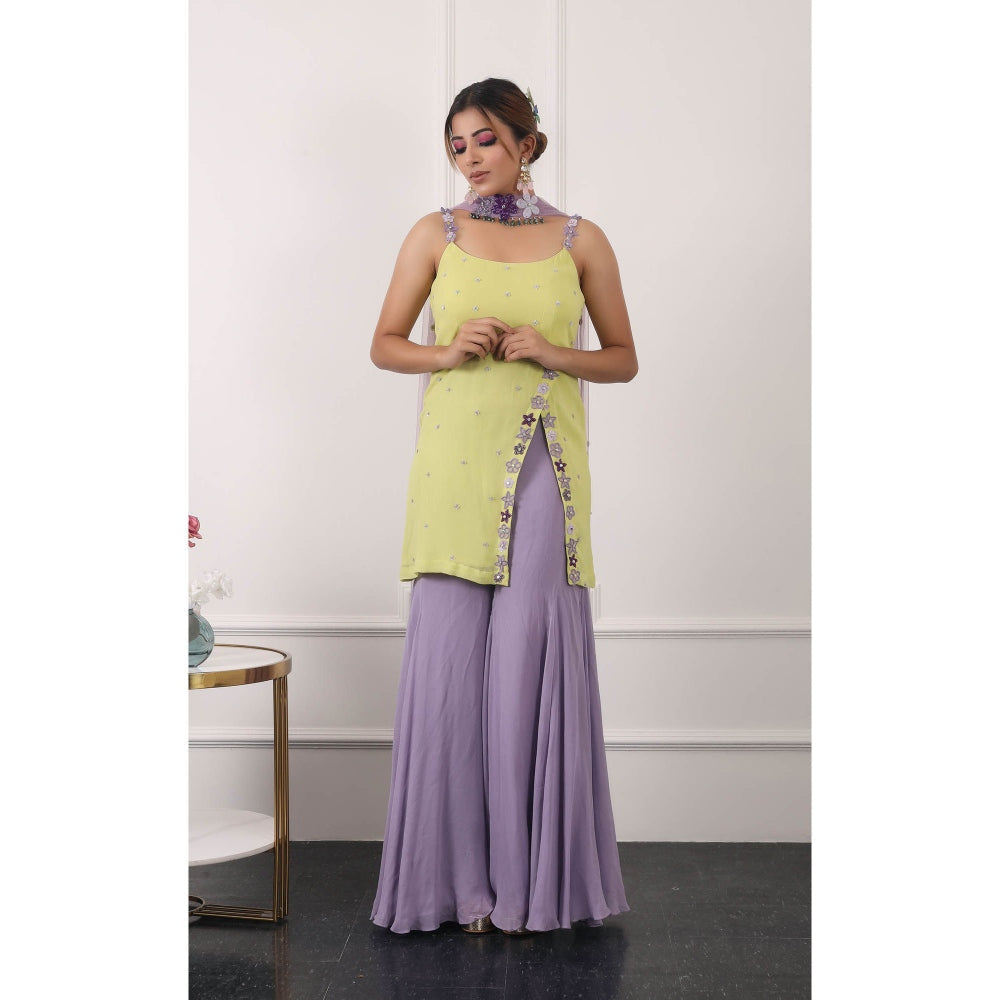 Kiran Kalsi Yellow and Lavender Embroidered Kurti with Sharara and Dupatta (Set of 3)