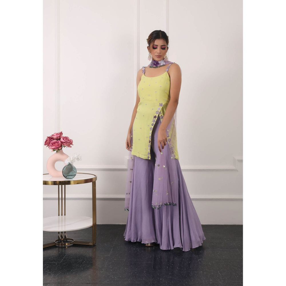Kiran Kalsi Yellow and Lavender Embroidered Kurti with Sharara and Dupatta (Set of 3)
