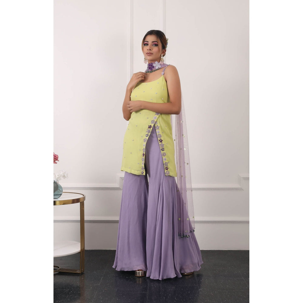 Kiran Kalsi Yellow and Lavender Embroidered Kurti with Sharara and Dupatta (Set of 3)