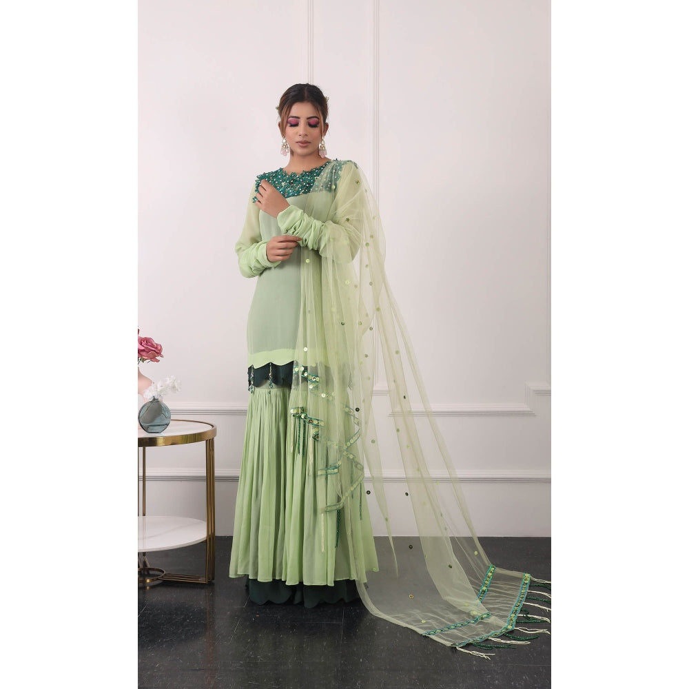 Kiran Kalsi Green 3D Embroidered Kurti with Sharara and Dupatta (Set of 3)
