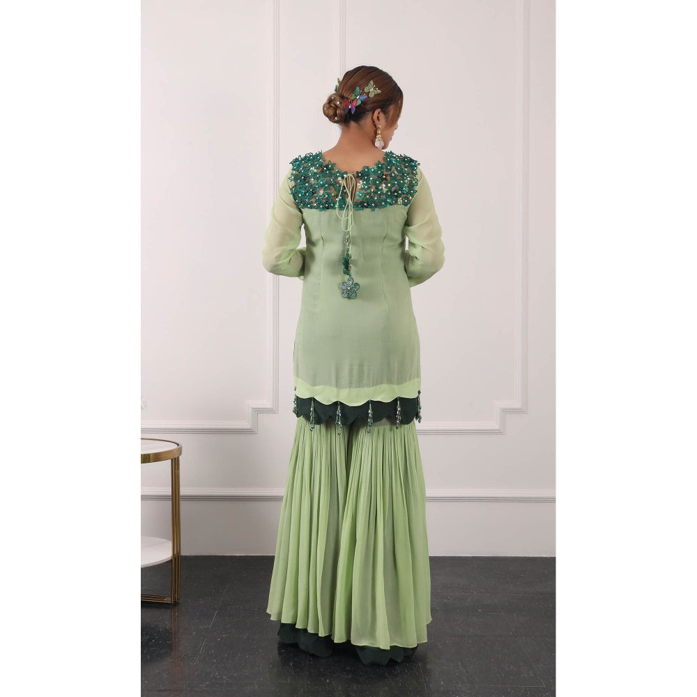 Kiran Kalsi Green 3D Embroidered Kurti with Sharara and Dupatta (Set of 3)