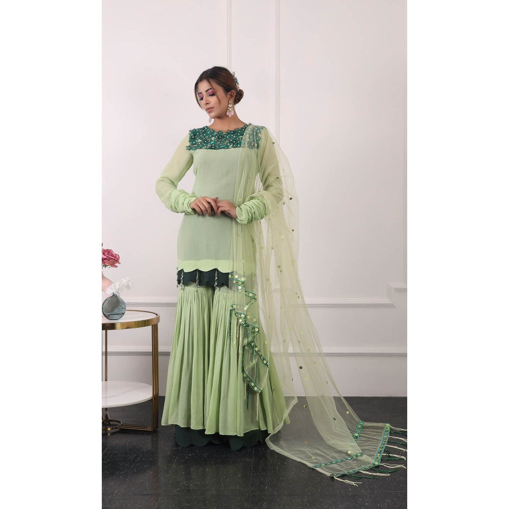 Kiran Kalsi Green 3D Embroidered Kurti with Sharara and Dupatta (Set of 3)