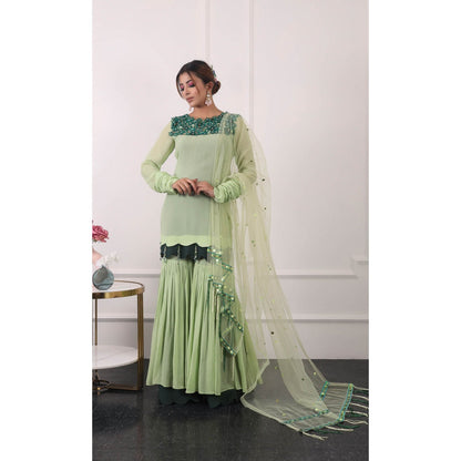 Kiran Kalsi Green 3D Embroidered Kurti with Sharara and Dupatta (Set of 3)