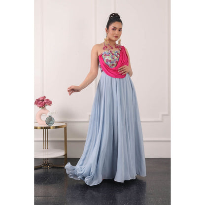 Kiran Kalsi Powder Blue 3D Floral Embroidered Maxi Dress