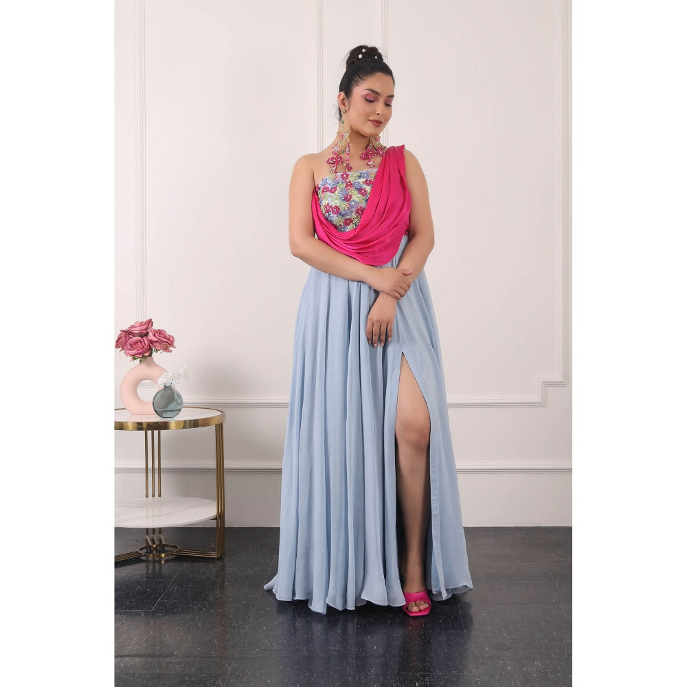 Kiran Kalsi Powder Blue 3D Floral Embroidered Maxi Dress