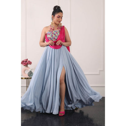 Kiran Kalsi Powder Blue 3D Floral Embroidered Maxi Dress