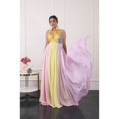 Kiran Kalsi Multi-Color 3D Floral Embroidered Maxi Dress