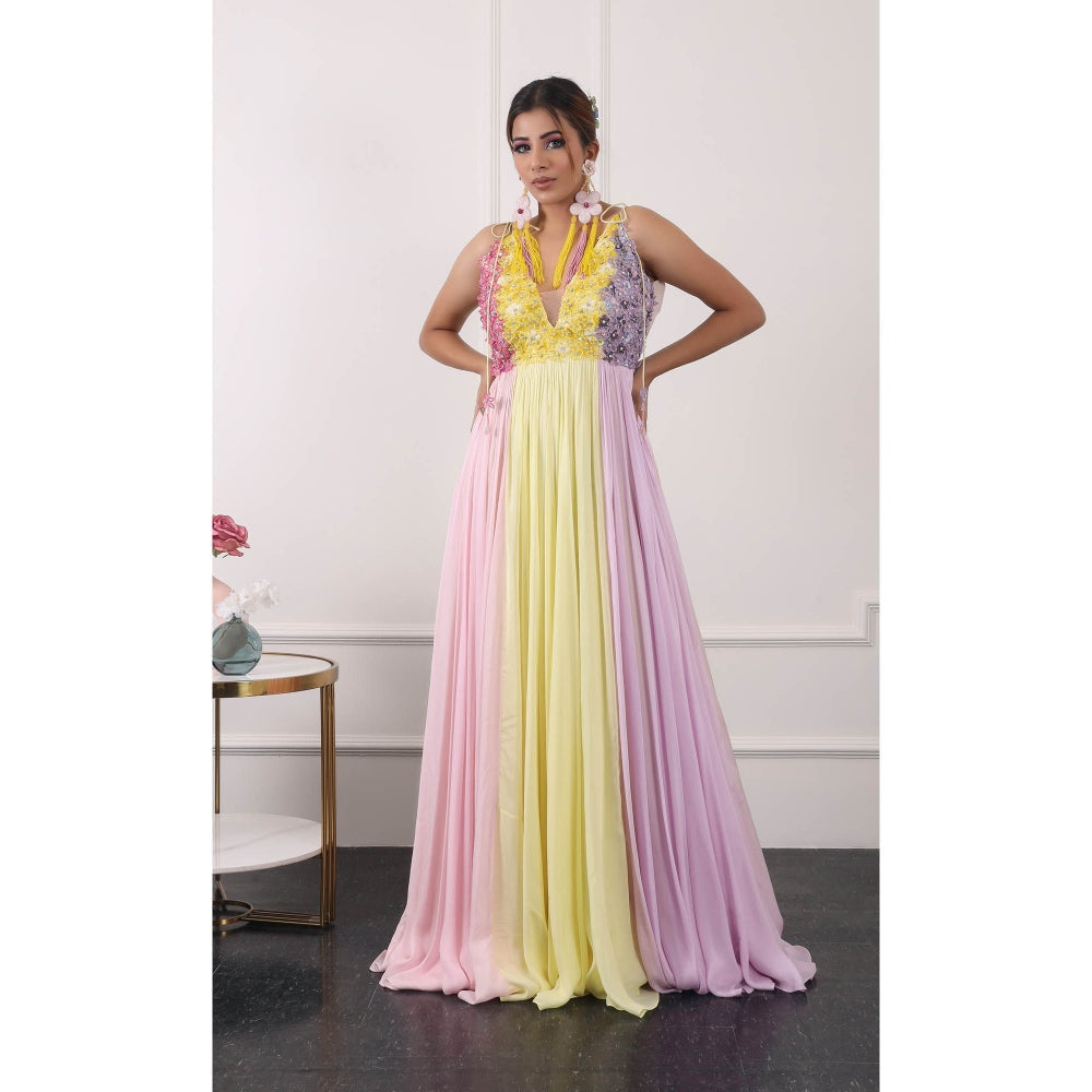 Kiran Kalsi Multi-Color 3D Floral Embroidered Maxi Dress