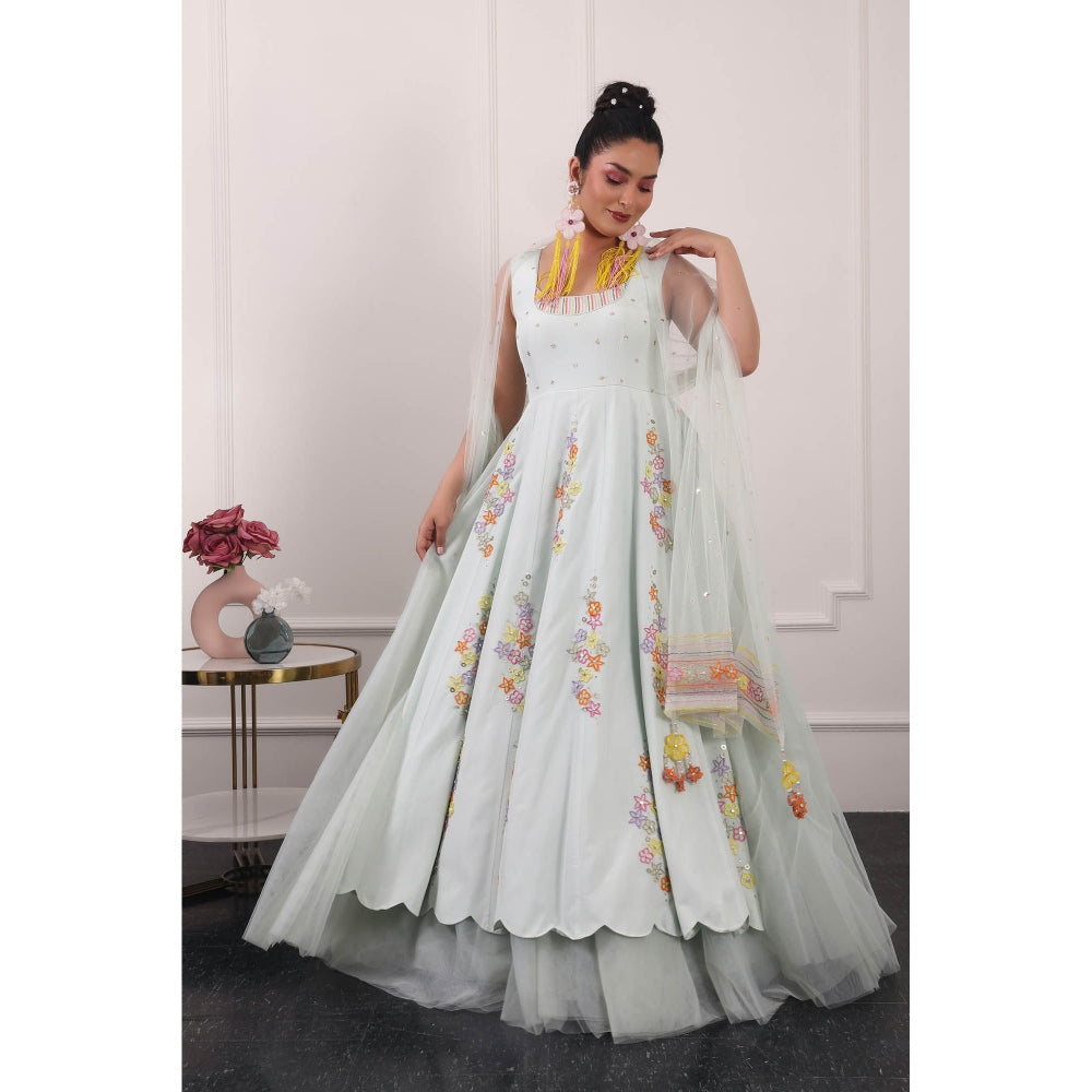 Kiran Kalsi Mint Green 3D Floral Embroidered Anarkali Kurta and Dupatta (Set of 2)