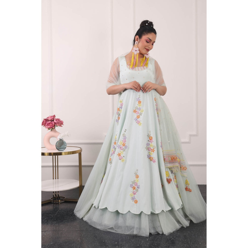 Kiran Kalsi Mint Green 3D Floral Embroidered Anarkali Kurta and Dupatta (Set of 2)