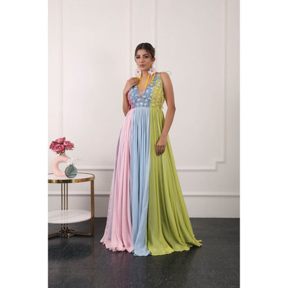 Kiran Kalsi 3D Floral Embroidered Multi-Color Maxi Dress (Set of 2)