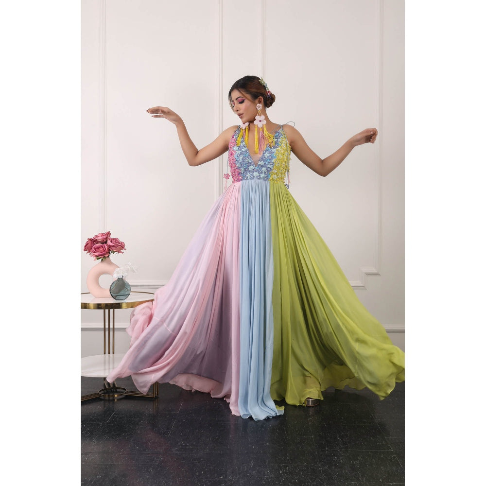 Kiran Kalsi 3D Floral Embroidered Multi-Color Maxi Dress (Set of 2)