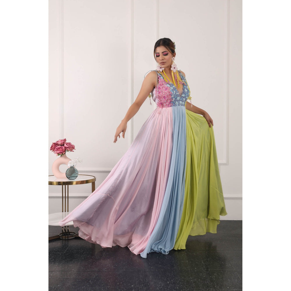 Kiran Kalsi 3D Floral Embroidered Multi-Color Maxi Dress (Set of 2)